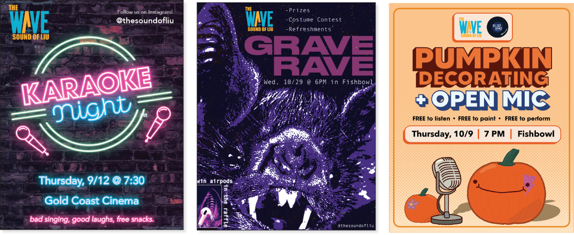 Wave Event Flyers: Karaoke Night, Grave Rave and Pumpkin Decorating flyers